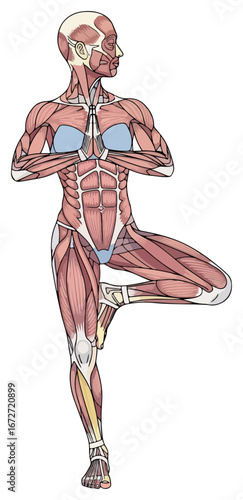 Detailed Anatomy of a Woman in Tree Yoga Pose.