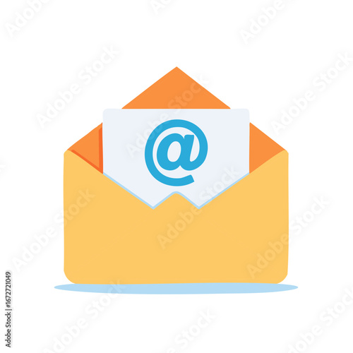 Open Yellow Envelope with Email Symbol Stationery Communication Receiving Letters