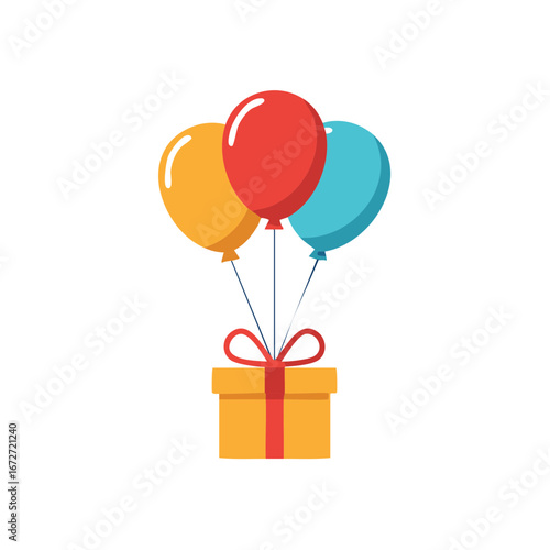 Colorful helium balloons lifting a wrapped gift box for a festive celebration or surprise event