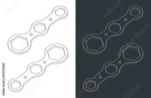 Bicycle steel hexagon wrench isometric blueprints illustrations