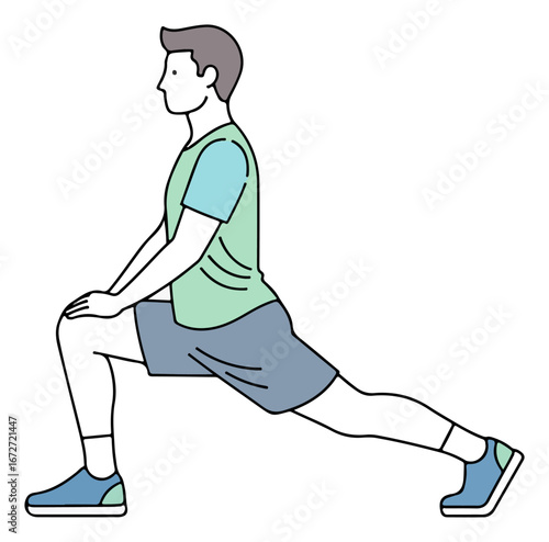 Man in sportswear doing a lunge exercise stretching his legs.