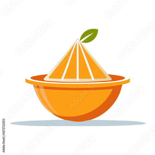 Handheld citrus juicer with orange half and green leaf on white