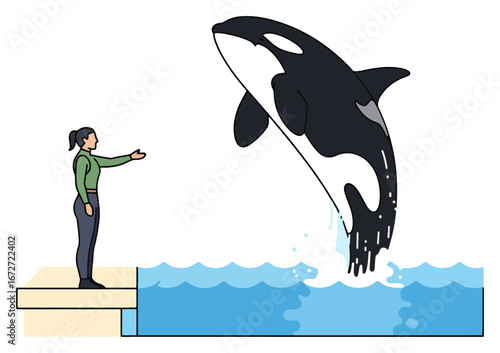 Orca whale jumping out of water during a performance with a trainer.