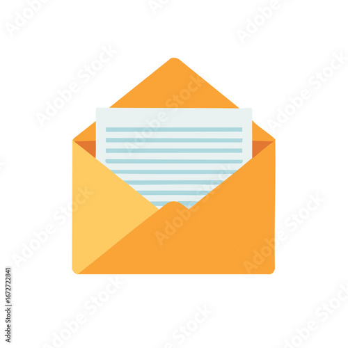 Open orange envelope with paper inside communication and correspondence concept