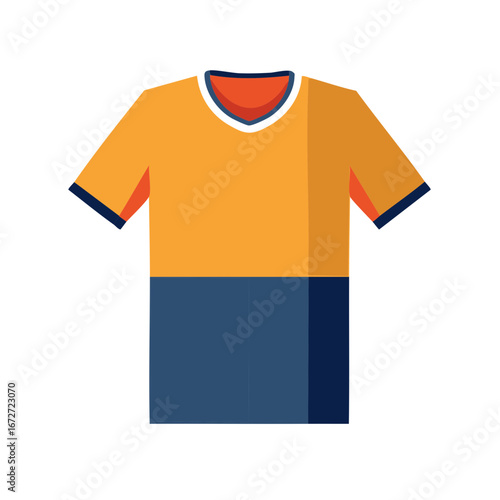 Stylized graphic of an orange and blue short sleeve t shirt with round collar and short sleeves apparel clothing simple design