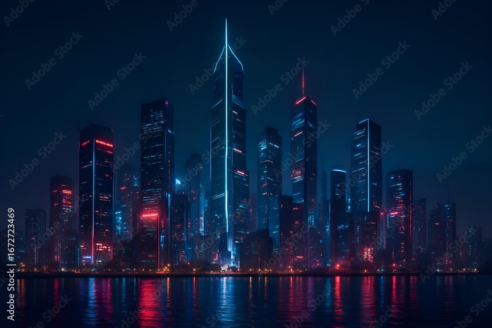 Fototapeta premium A futuristic skyscraper city skyline at night with glowing neon lights, sharp glass reflections, ultra realistic clarity, cinematic urban atmosphere, clean render, noise free style