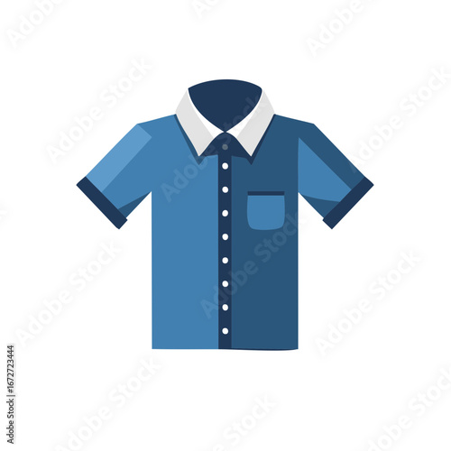 Blue short-sleeved shirt with pocket and white collar for men