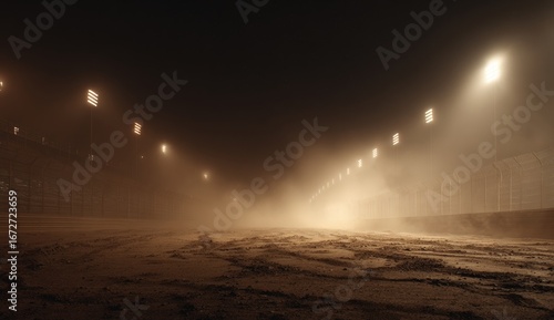 A dusty race track at night