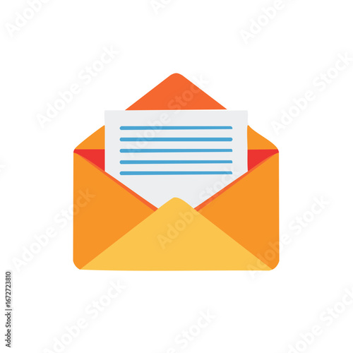 Open Envelope with Letter Paper Flat Vector Style Illustration, Communication Concept