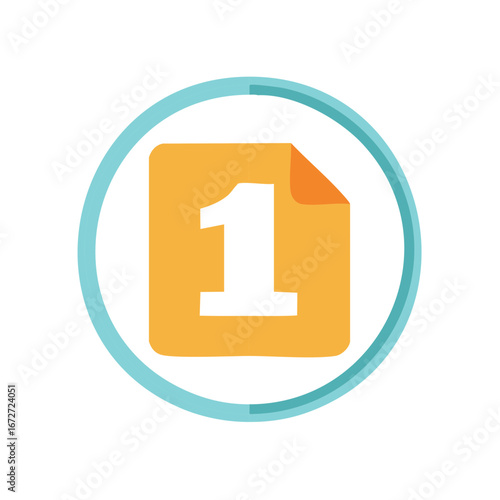 Number One Symbol inside a Yellow Paper Sheet with a Blue Circle Around