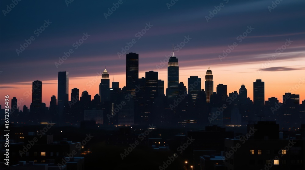 Fototapeta premium Silhouette of a city skyline at sunrise. Silhouetted skyscrapers against a vibrant sunrise. City lights illuminate the buildings. Misty atmosphere