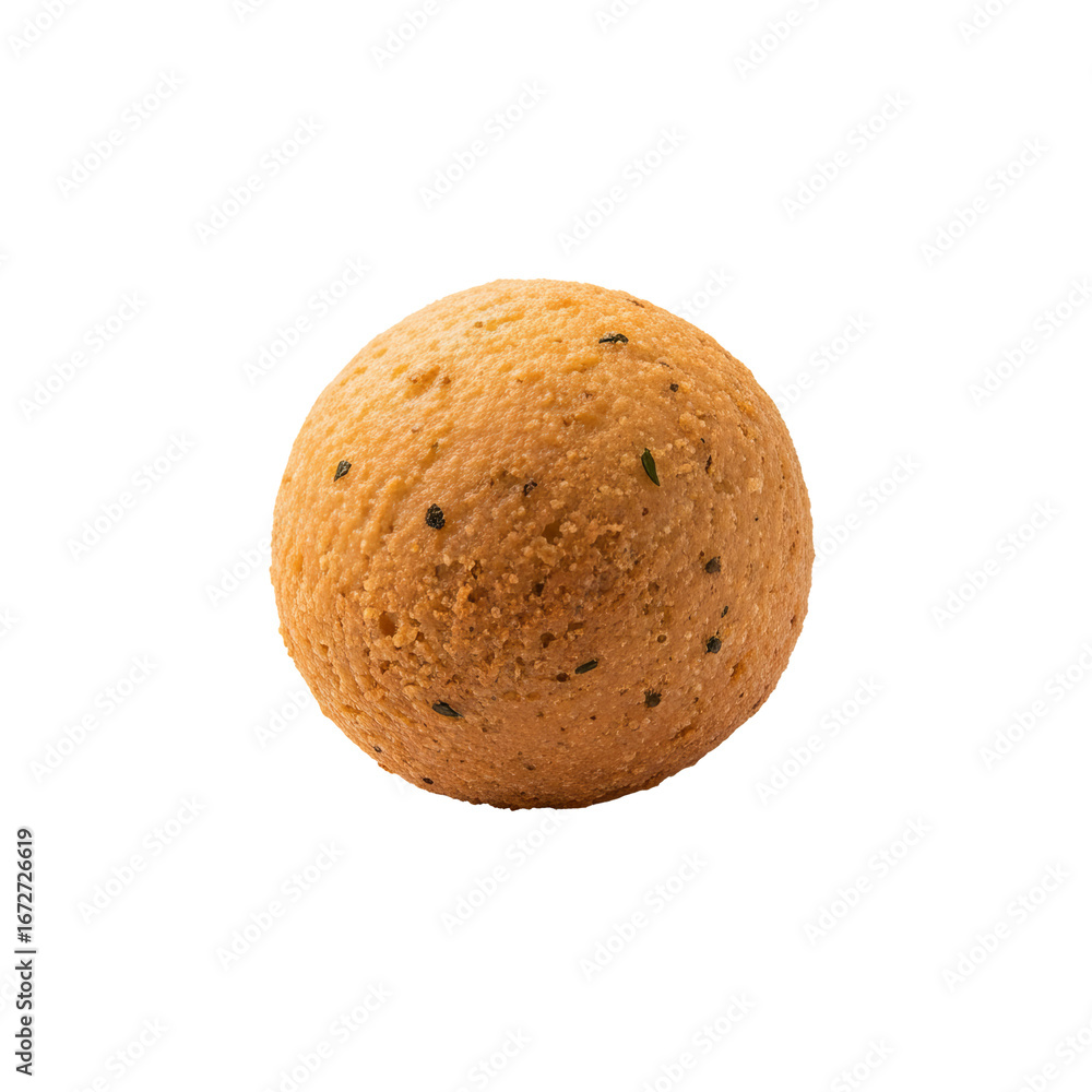 Fototapeta premium A spherical baked good sits against a stark, isolated background, showcasing its textured surface and seasoning.