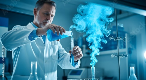 Male Scientist Conducting Chemistry Experiment in Modern Laboratory with Blue Chemical Reactions