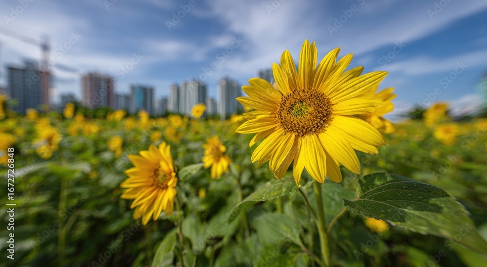Fototapeta premium Bright sunflowers in a field, cityscape backdrop