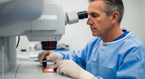 Male Scientist Using Microscope in Laboratory with Focused Lighting and Modern Equipment