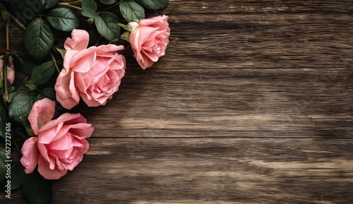 Fototapeta Naklejka Na Ścianę i Meble -  Pink roses on rustic wood
