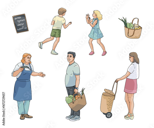 standing isolated peoples shopping at a fish market , man with shopping bag, girl with shopping trolley, woman vendor , kids, hand drawing vector illustration