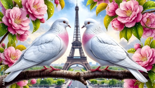 Two Doves on a Branch in Paris.This idyllic image is perfect for Valentine's Day cards, wedding invitations, travel agency promotions for romantic getaways, or as a decorative art print.