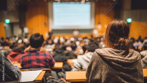 Large lecture hall, attentive students
