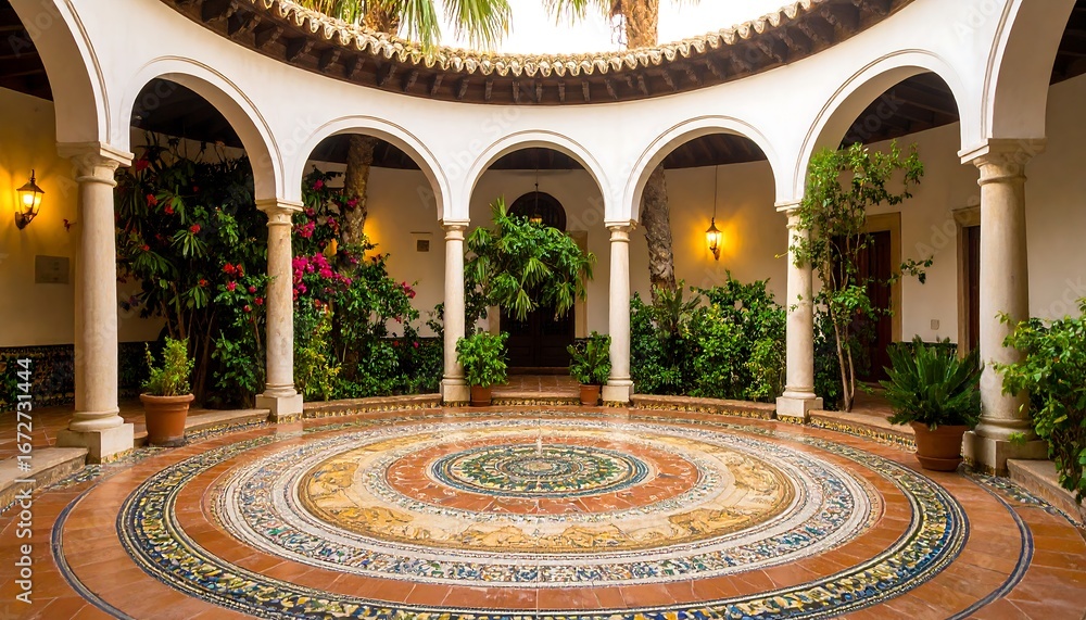 Obraz premium A serene courtyard with arched colonnades and a colorful mosaic floor showcases Spanish architecture.