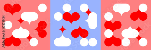 Abstract Geometric Heart Pattern. Vector Love Background with Modern Mosaic Art. Retro Graphic with Hearts and Speech Bubbles. Valentine's Day Poster Concept.