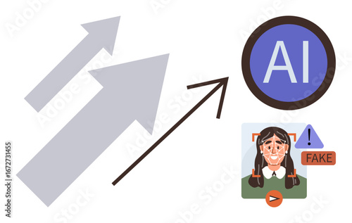 Arrows symbolize AI growth alongside a face marked as fake with warning signs for ethical technology evolution. Ideal for AI, technology ethics, deepfake detection, innovation, future trends, data