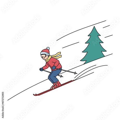 A person dressed in warm winter clothing skiing down a snow-covered slope next to a christmas tree