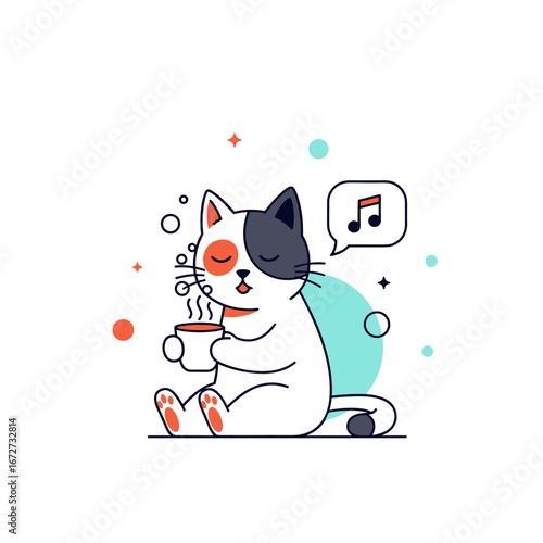 Enjoying a warm cup of coffee while listening to relaxing music a charming cat character illustration
