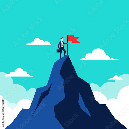 Successful businessman standing on mountain summit planting a flag achieving goals business growth and progress concept