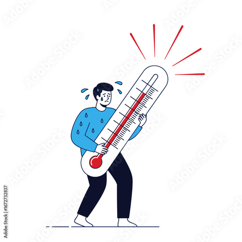 Feeling unwell with a high temperature and sweating profusely showing discomfort from being sick