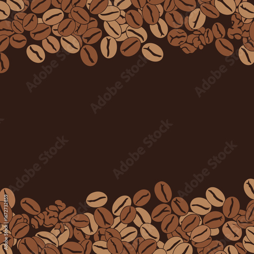Top and bottom border of roasted coffee beans scattered across a rich dark brown background providing a visually appealing frame