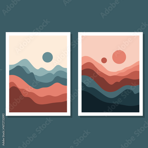 Abstract mid century modern mountain landscape wall art prints set of two