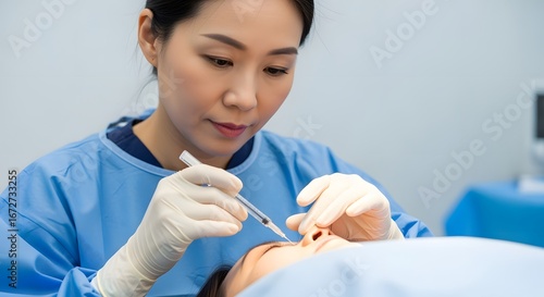 Medical Professional Woman Performing Dermal Filler Injection in Clinic
