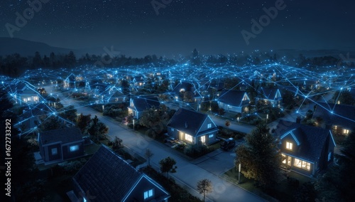 Aerial view of a neighborhood at night, interconnected by a network