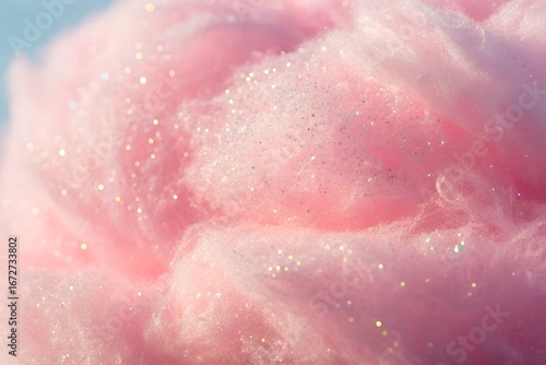Close-up of fluffy pink cotton candy with shimmering glitter.