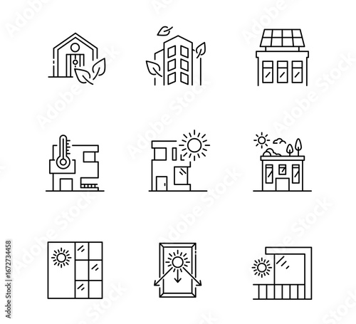 Set of Green Building Design icon, Sunlight Architecture, Energy efficiency Symbol Outline icon, Editable Stroke