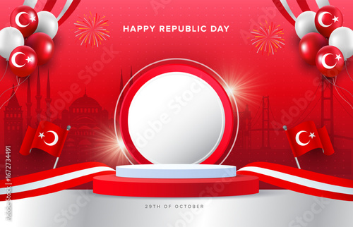 29th October Turkey Republic Day round podium design on celebration red background. Holiday sale banners, posters, cards, flyers template. Vector illustration. 