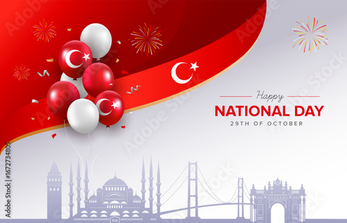 Happy Turkey Republic Day design with silhouette Istanbul landmark and wavy turkey flag celebration background. Vector illustration.