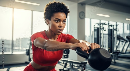 Dynamic African Woman Kettlebell Workout in Modern Fitness Gym for New Year Campaign  
