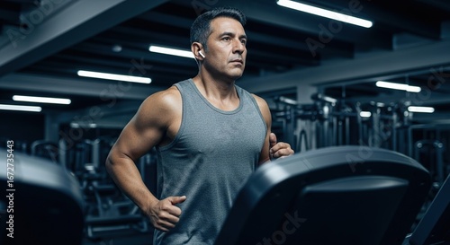 Determined Hispanic Man Running on Treadmill in High-Tech Gym for Fitness Campaign  
