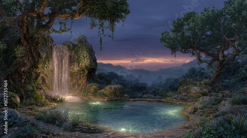 Enchanted Waterfall Pond At Dusk