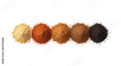 Isolated pumpkin spice ingredients in five separate piles, including ground ginger, cinnamon, nutmeg, allspice, and clove, on a white and transparent background