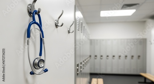 Medical Stethoscope Hanging on Locker Room Wall in Healthcare Facility