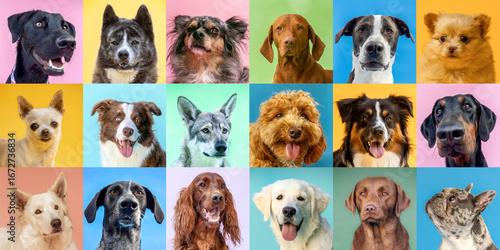 Photography Colorful dog breed variety collage with multiple pets on vibrant backgrounds
