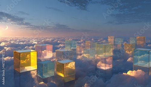 Colorful cubes floating on clouds at sunrise