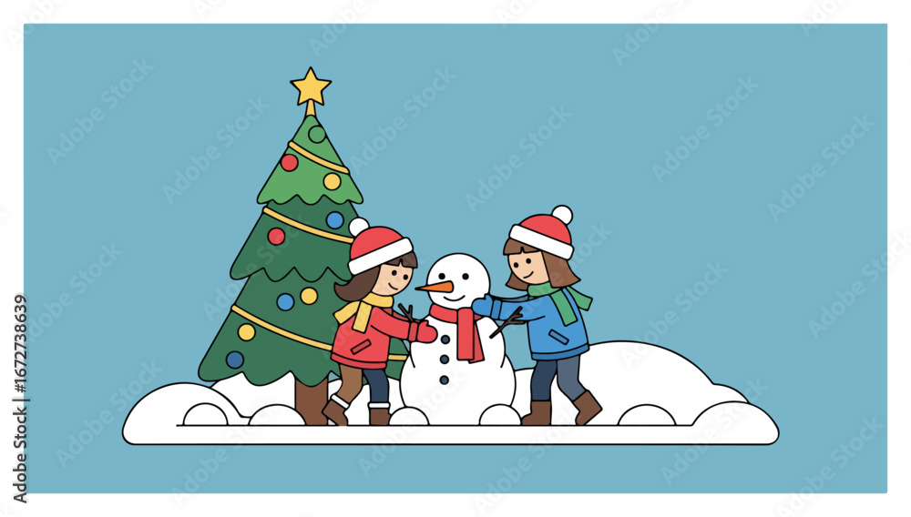 Fototapeta premium Children building snowman next to Christmas tree in winter.