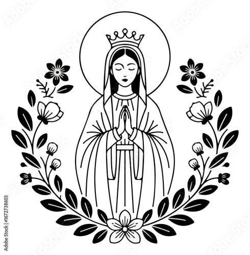 Virgin Mary in prayer surrounded by a floral wreath, religious art.