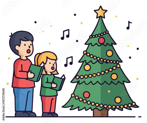 Children singing Christmas carols near a decorated tree.