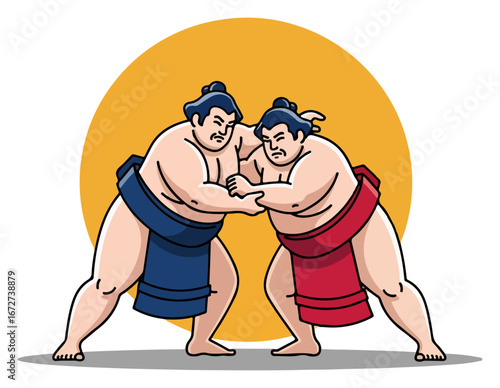 Two Sumo Wrestlers Engaged in Traditional Japanese Wrestling Match.