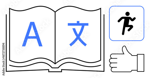 Open book with multilingual characters, dynamic human figure icon, and a thumbs-up sign. Ideal for education, translation, language learning, communication, global interaction, study materials